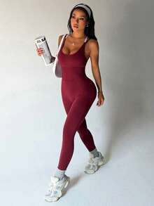 Seamluxe SHEIN Sport Seamless High Elasticity Yoga Fitness Sports Backless Jumpsuit - Burgundy - View 6