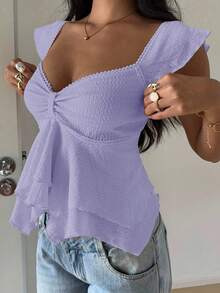 SHEIN EZwear Women's Textured Knit Ruffle Hem Sweetheart Neck Cap Sleeve Elegant T-Shirt, Rave Top - Mauve Purple - View 6