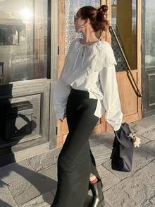 FRIFUL Women's 100% Cotton Embroidered Collar Tie-Up Loose Shirt Long Sleeve - White - View 2