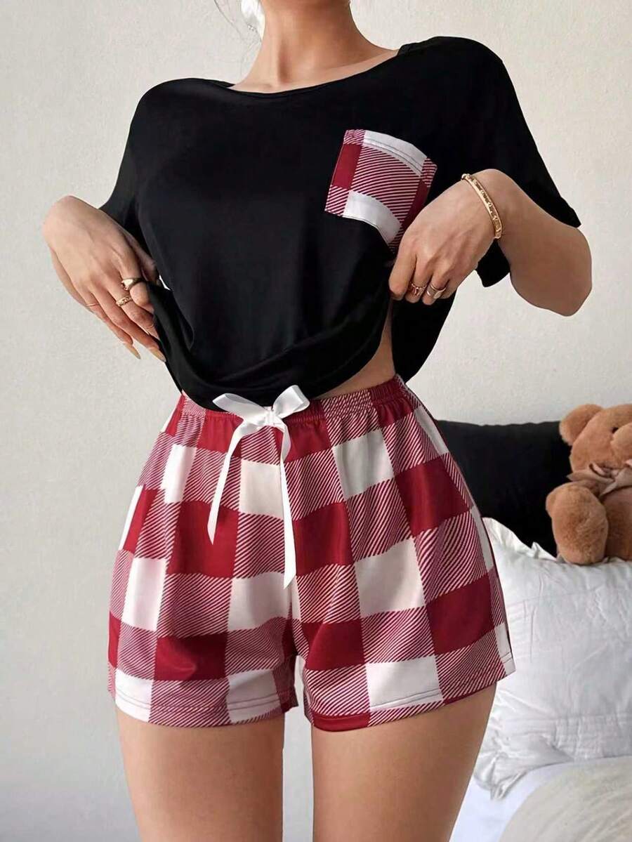 Round Neck Short Sleeve Loose Casual Comfortable Breathable Plaid Print Pajamas - Black - View 1