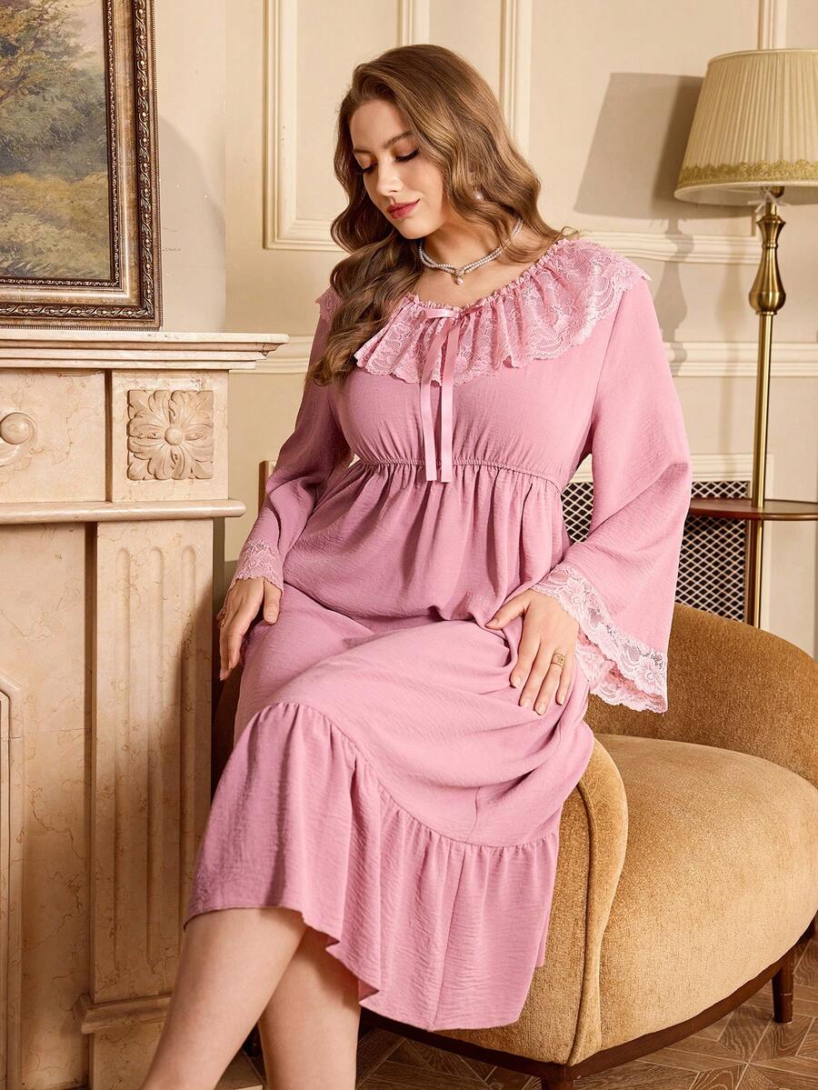 PalaceNights Camisón de mujer talla grande con mangas acampanadas y volantes de encaje, vestido de lujo para dormir - Rosa - Ver 1