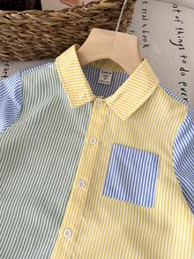 SHEIN 男童夏季休闲撞色条纹衬衫短裤套装 - 彩色 - 查看 5