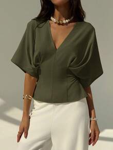 Aloruh Áo sơ mi tay ngắn màu trơn thanh lịch, kiểu dáng tối giản, dáng rộng, thiết kế nơ buộc phía sau, đa năng cho công sở và đi làm, màu xanh lá cây. - xanh quân đội - Xem 5