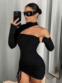SHEIN ICON Robe Moulante À Col Asymétrique De Couleur Unie Avec Cordon De Serrage À La Taille - Noir - Voir 4