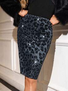 SHEIN Clasi Women's Elegant Leopard Print Sequin Sexy Bodycon Party Skirt - Grey - View 8