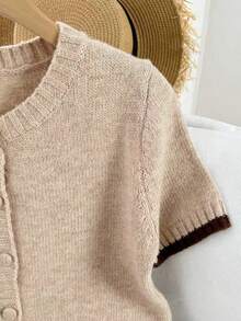 Franclia 两件套休闲宽松圆领长袖针织撞色滚边卡其色女式毛衣套装，春夏款 - 卡其色 - 查看 3