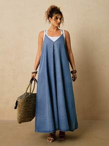 Travachic Plus Size Light Blue Denim Dress With Straps A-Line Dress - Summer Vacation Outfit - Medium Wash - View 6