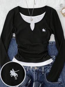 SHEIN 少女海军蓝白拼接腰部褶皱修身小Logo印花长袖针织休闲T恤 - 黑與白 - 查看 3