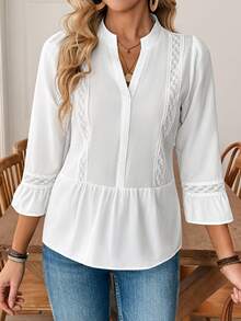 Áo thun nữ màu trắng Louniche cổ chữ V thời trang mùa xuân, màu trơn, phối ren, kiểu áo blouse phù hợp mặc hàng ngày vào mùa hè. - trắng - Xem 1