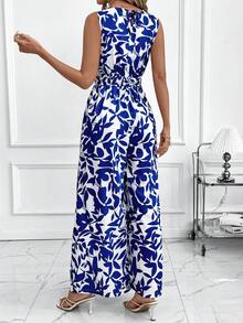 SHEIN Clasi 女士优雅露背连体裤，宽松版型，撞色印花 - 藍色 - 查看 2