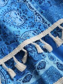 Sweetra Women's Blue Paisley Cashew Flower Print Deep V-Neck Tassel Tie Design Beach Vacation Dress - Blue - View 4