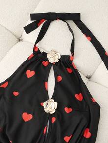 SHEIN Unity Elegant Black And Red Summer Halter Neck Long Dress,Valentine's Day Heart Print Metallic Rose Date Party Dress For Women - Black - View 3