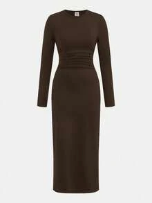 SHEIN 少女棕色长袖连衣裙，腰部褶皱设计，百搭简约，适合秋冬季穿着。 - 棕色 - 查看 7