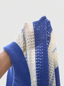 ROMWE MEN Retro American Street Style Blue & White Striped Hollow-Out Knit Polo Shirt, 2NY3 Letter Casual Loose Pullover - Blue - View 5