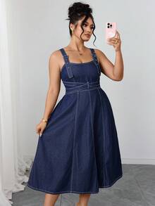 Elenzga Đầm yếm denim không co giãn màu xanh đậm, thanh lịch và thoải mái dành cho nữ cỡ lớn - Rửa tối - Xem 3