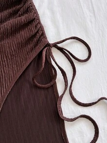 Soleia Vestido de punto con textura de gofre, ajustado, con abertura, fruncido y cordón, adecuado para fiesta, cita, sexy, té de la tarde, playa, verano, festival de música, temporada de bodas - Marrón - Ver 7