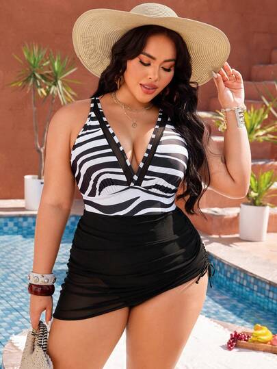 Swim Lushoire Plus Size Women's Black & White Striped Plunging Neckline Sexy One-Piece Swimsuit, Suitable For Beach Vacation