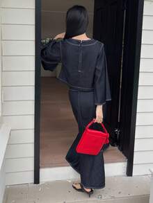 DAZY 女士牛仔圆领上衣和长款牛仔裙两件套休闲装 - 深色水洗藍 - 查看 6