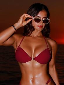 Swim SXY 纯色露背系带比基尼上衣 - 酒紅色 - 查看 2