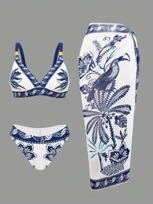 Swim Oasis White And Blue Floral Summer Boho Holiday Plant Print Spaghetti Strap Bikini Set With Cover Up Skirt,3-Piece Set,Elegant Swimwear For Women,Pool Party - Multicolor - View 3