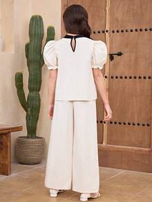SHEIN Tween Girl Elegant Stand Collar Petal Sleeve Colorblock Shirt And Pants Set Tween Girl - Apricot - View 6
