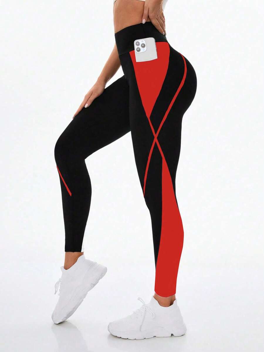 Exploreva Contrast Color High Waist Pocket Fashionable Skinny Leggings - Fiery Red - View 1