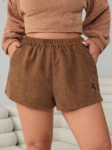 Solflare Plus Size Women Embroidered Elastic Waist Pockets Casual Shorts, Autumn/Winter - Brown - View 3