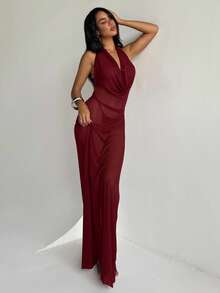 Aloruh 女士度假连衣裙，纯色茄紫色，深V垂褶领口，性感优雅露背吊带裙，女士罩衫，女士沙滩装 - 紅色 - 查看 5