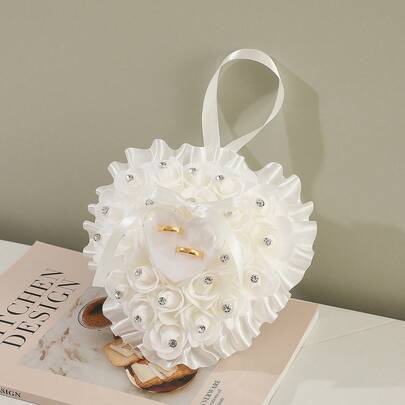 1 pieza Caja portátil con forma de corazón para propuesta, con adorno de encaje y flor, almohada para anillo de boda para niña de las flores, Navidad