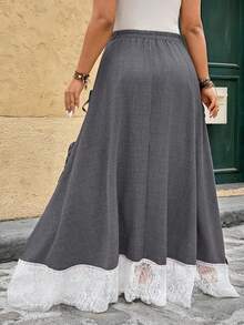Breezaya Plus Size Women Minimalist Woven Gray Patchwork White Lace Skirt With Tie Waist - Grey - View 2