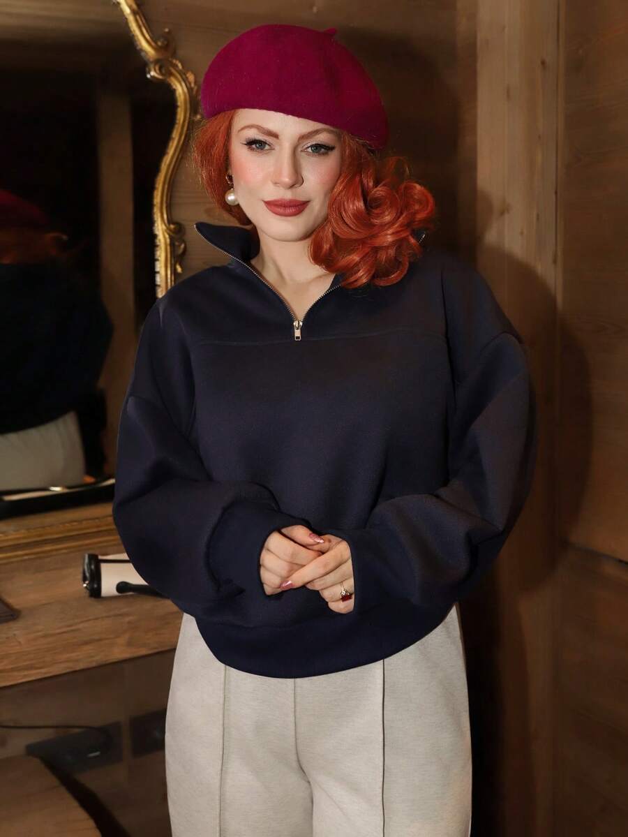 Gretanique 女士宽松拉链连帽衫 - 藏蓝色 - 查看 1