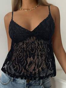 CovetEZ Áo hai dây ren hoa thời trang gợi cảm dành cho nữ - màu đen - Xem 3