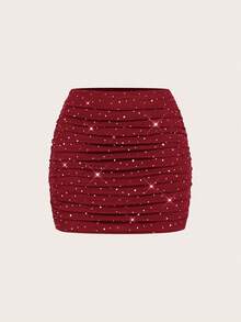 SHEIN EZwear 两件套黑色针织性感网纱亮片装饰女士迷你裙套装，适合派对穿着 - 酒紅色 - 查看 8