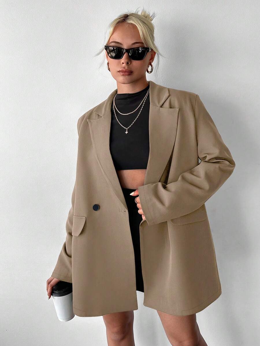 Ritzy Row 女士休闲宽松垫肩中长款双排扣西装外套 - 摩卡棕 - 查看 1