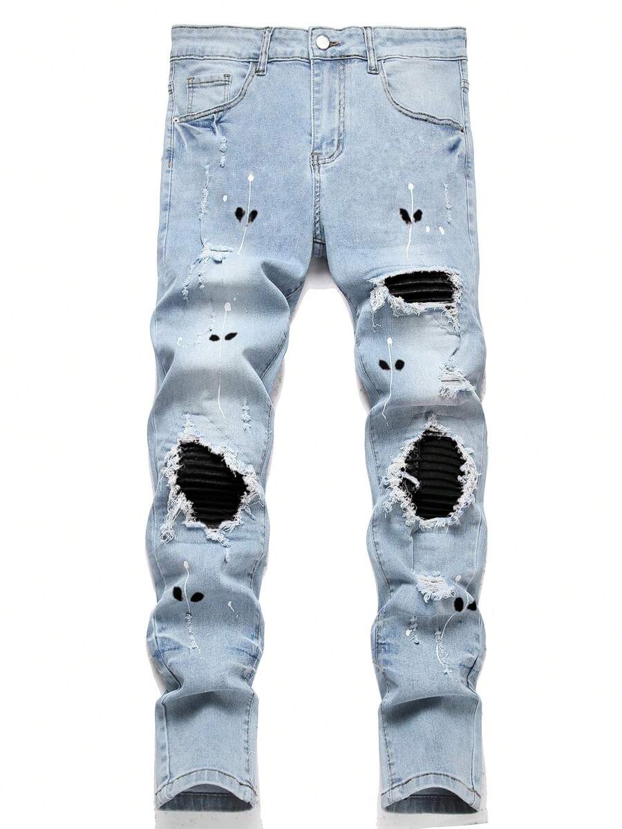Manfinity Roughcore Men's Distressed Slant Pocket Color Block Cotton Splash Ink Ripped Jeans,Light Blue,Summer,Streetwear,City Break Casual Versatile Light Wash Drip - Light Wash - View 1