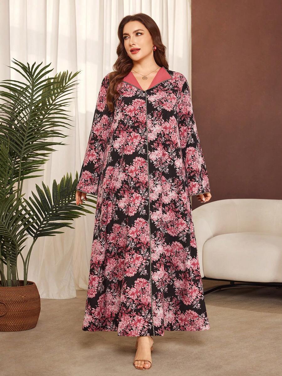 Al Najma Plus Size Elegant Floral All-Over Print Arabic Style Dress - Multicolor - View 1