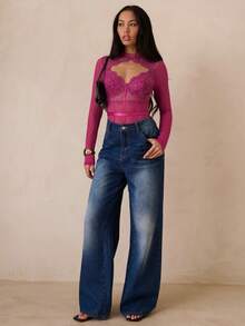 SHEIN Glamour 女士撞色蕾丝镂空设计长袖性感连体衣 - 中紫紅色 - 查看 4