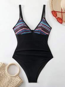 Swim Lushoire 2026 Women Summer Beach Casual Holiday Geometric Retro Print V-Neck Fitted Stylish Mature Sexy One-Piece Swimsuit - Black - View 6