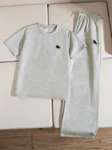 Sparklyn Áo thun cổ tròn tay ngắn thêu họa tiết và quần dài cho bé gái tuổi teen - Xám - Xem 5