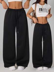 SHEIN PETITE Casual Loose Front Tie Drawstring Sweatpants, Suitable For Everyday Wear And Back To School Season, Suitable For Spring/Summer Wide Leg Pants Women's Wide Leg Pants Oversized Pants Wide Leg Summer Pants Palazzo Pants Women Loose Pants Swimsuit Cover Up Pants - Black - View 9