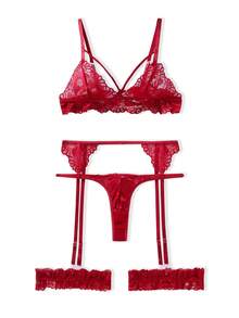 SHEIN 5pack Cross Front Floral Lace Garter Lingerie Set With 1pair Leg Ring - Burgundy - View 6
