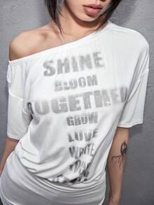 ROMWE J-Fashion Áo thun nữ tay ngắn trễ vai in chữ nhuộm tie-dye gợi cảm - trắng - Xem 4
