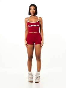 BABYPHAT Áo croptop hai dây phối viền trắng tương phản, in chữ, thích hợp mặc ngủ hoặc mặc nhà. - Màu Đỏ Sâu - Xem 3