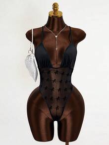 Mistrie Women's Fashionable Sexy Sheer Bow Mesh Patchwork Bodysuit