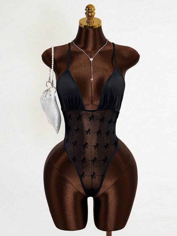 Mistrie Women's Fashionable Sexy Sheer Bow Mesh Patchwork Bodysuit