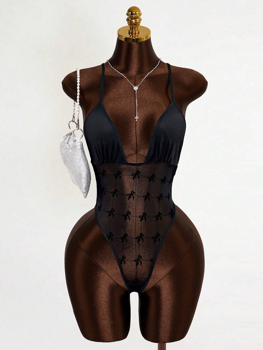 Mistrie Women's Fashionable Sexy Sheer Bow Mesh Patchwork Bodysuit