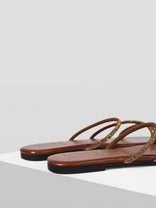 MOTF PREMIUM WOMEN RHINESTONE STRAP SQUARE TOE FLAT SANDALS SPRING SHOES - Brown - View 8