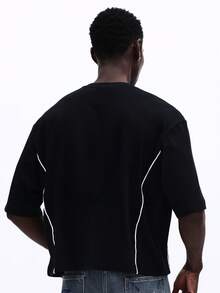 SUMWON Essentials 滚边圆领短袖T恤，撞色滚边细节，常规版型，休闲夏季上衣，纯色 - 黑色 - 查看 2