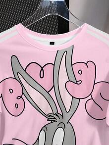 LOONEY TUNES X SHEIN Women's Casual Letter & Cartoon Graphic Round Neck Short Sleeve T-Shirt, Summer - White - View 5