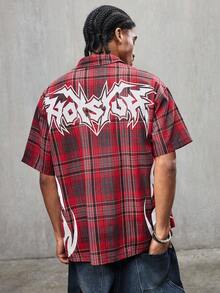 HOT STUFF X SHEIN Men's Casual Plaid Cartoon Embroidered Short Sleeve Shirt, Summer - Burgundy - View 2